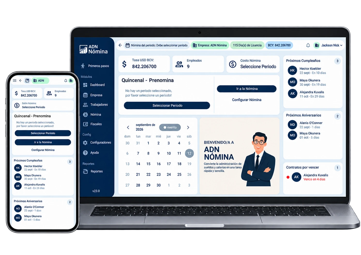 Dashboard de ADN Nómina mostrando gestión de nómina en Venezuela en laptop y smartphone